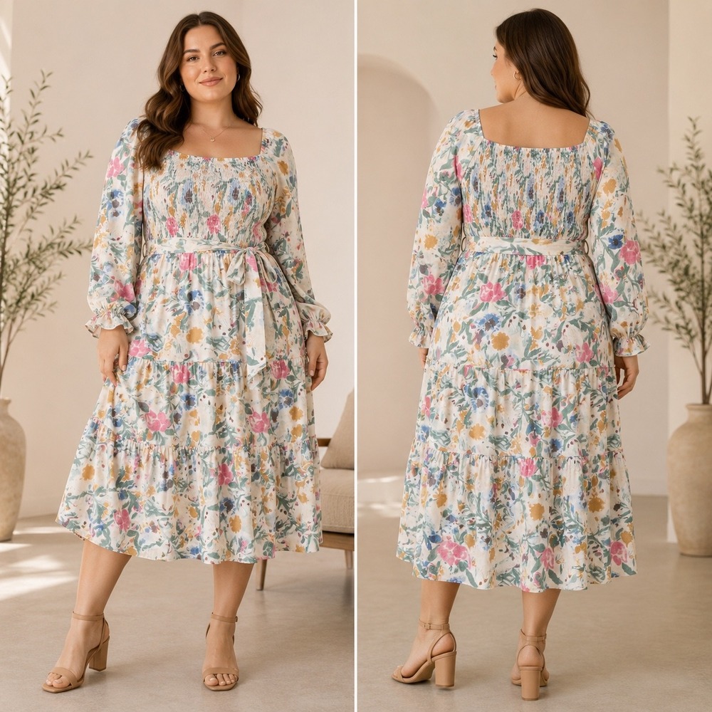 Simplee Plus Womens 3XL Multicolor Floral Smocked Midi Dress Cottagecore